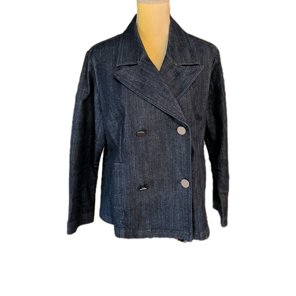 Coldwater Creek Women's Blue Denim Double Breasted Jacket Size P14 Long Sleeves